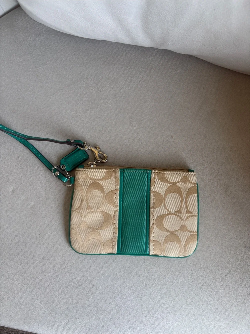 Coach Tan Signature Canvas Wristlet with Teal Leather Trim